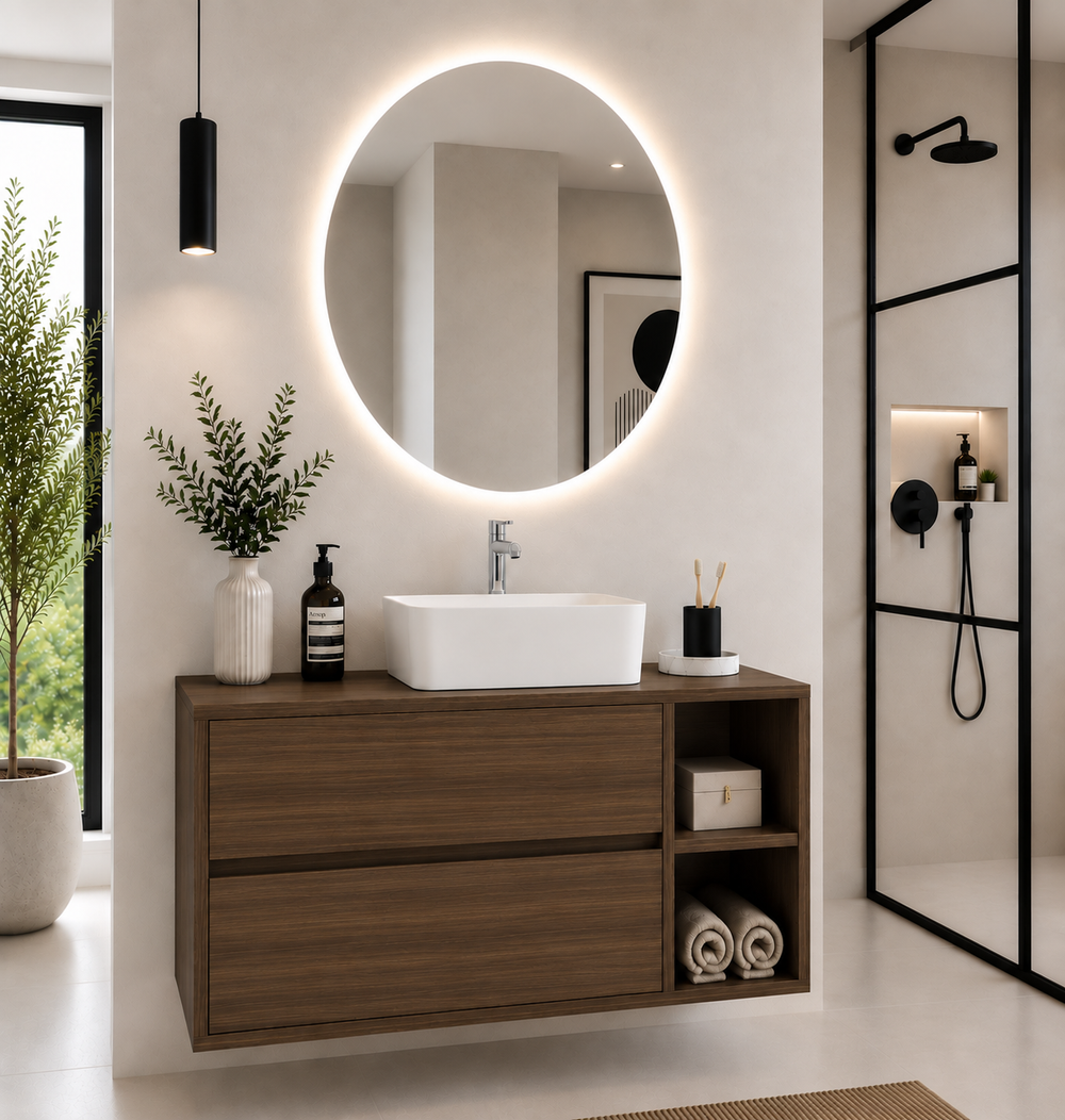 Mueble de baño Zeus con encimera y lavabo sobreencimera · Fresno Tea