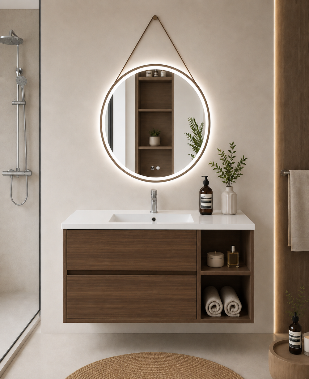 Mueble de baño Zeus con lavabo, 2 cajones y estante · Fresno Tea