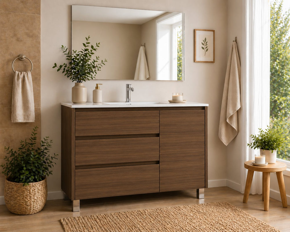 Mueble de baño Volum con lavabo, 3 cajones y puerta · Fresno Tea