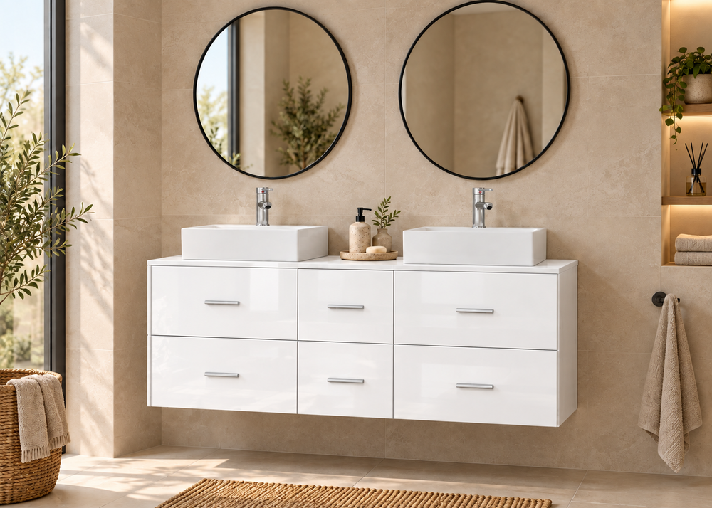 Mueble de baño MILOS 121 con 2 lavabos LIBRA · Blanco brillo