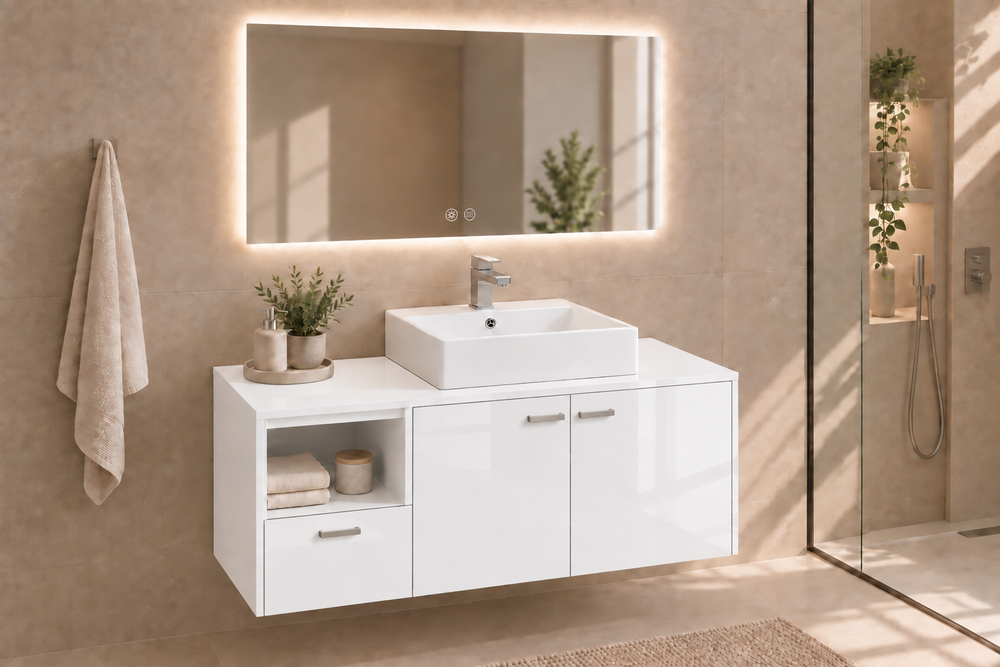 Mueble de baño NAXOS con encimera y lavabo Libra sobreencimera · Blanco brillo