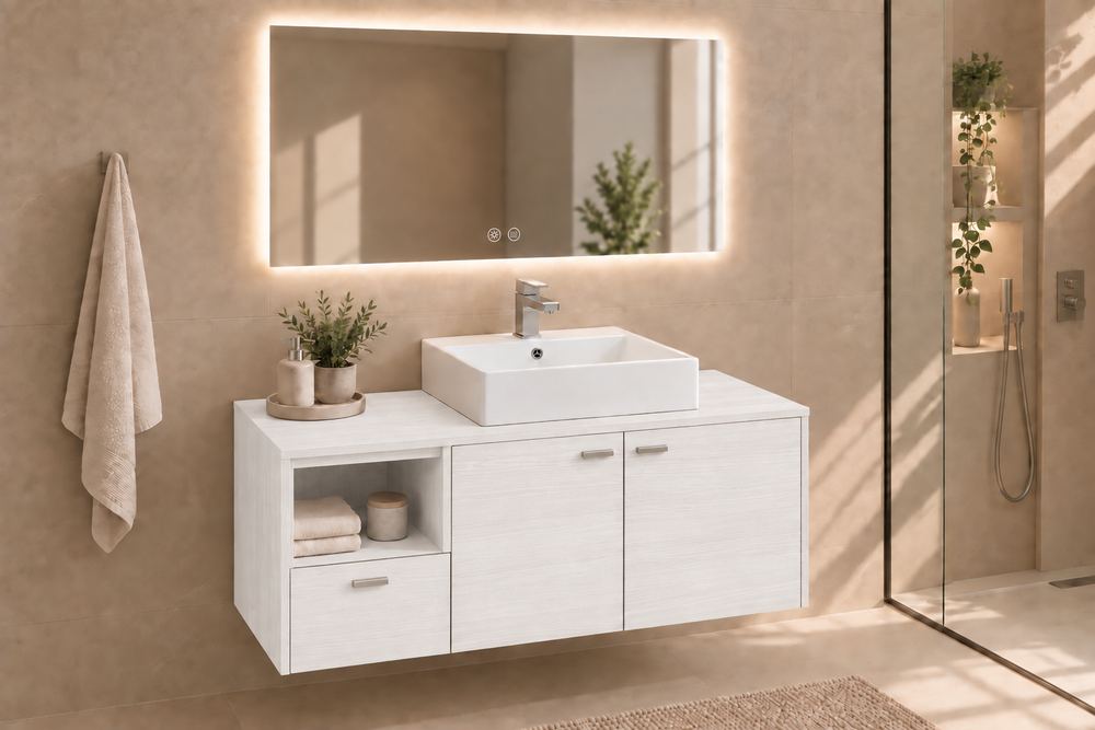 Mueble de baño NAXOS con encimera y lavabo Libra sobreencimera · Blanco Nórdico