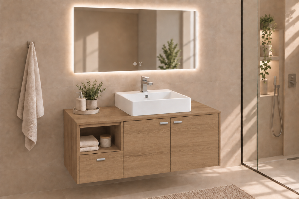 Mueble de baño NAXOS con encimera y lavabo Libra sobreencimera · Estepa