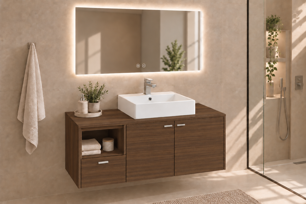 Mueble de baño NAXOS con encimera y lavabo Libra sobreencimera · Fresno Tea
