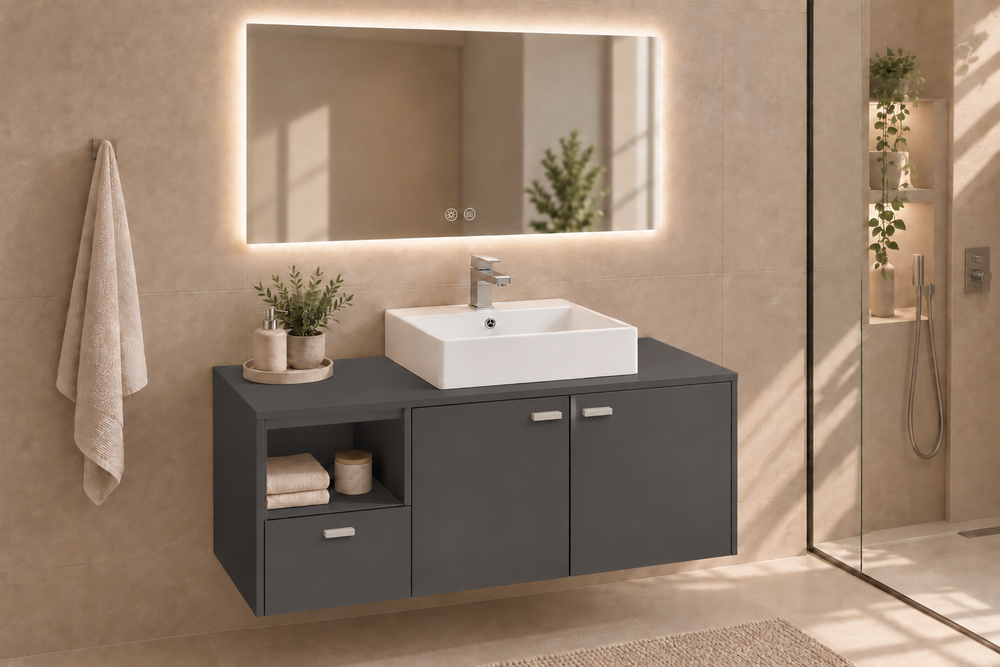 Mueble de baño NAXOS con encimera y lavabo Libra sobreencimera · Grafito