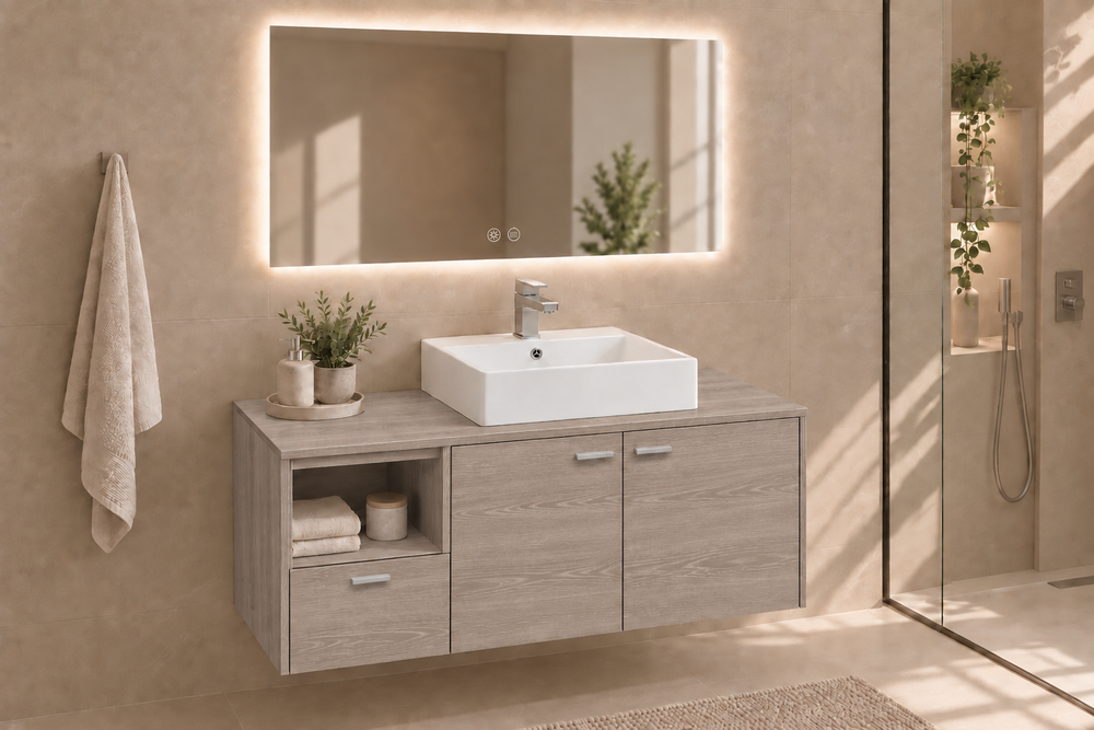 Mueble de baño NAXOS con encimera y lavabo Libra sobreencimera · Roble Smoky
