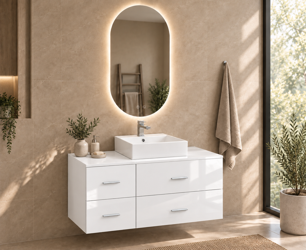 Mueble de baño PAROS con encimera y lavabo Libra sobreencimera · Blanco brillo