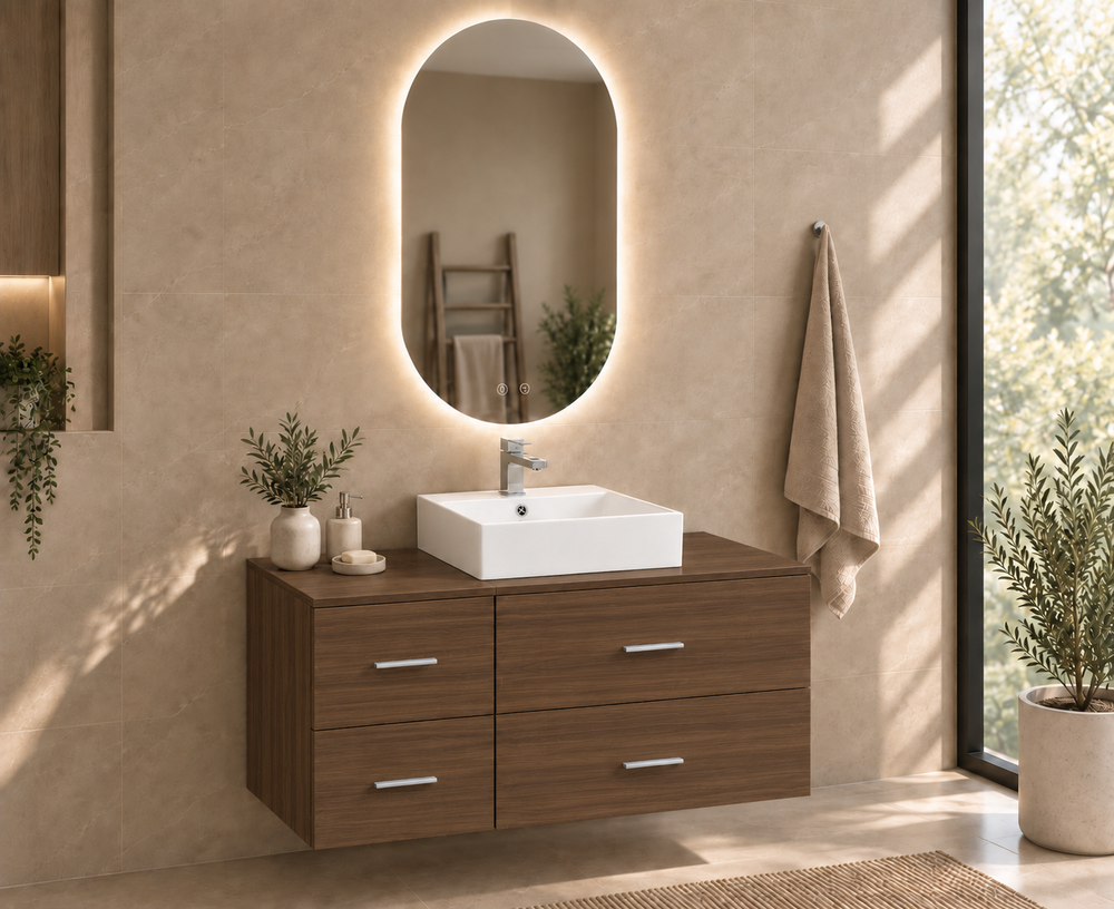 Mueble de baño PAROS con encimera y lavabo Libra sobreencimera · Fresno Tea