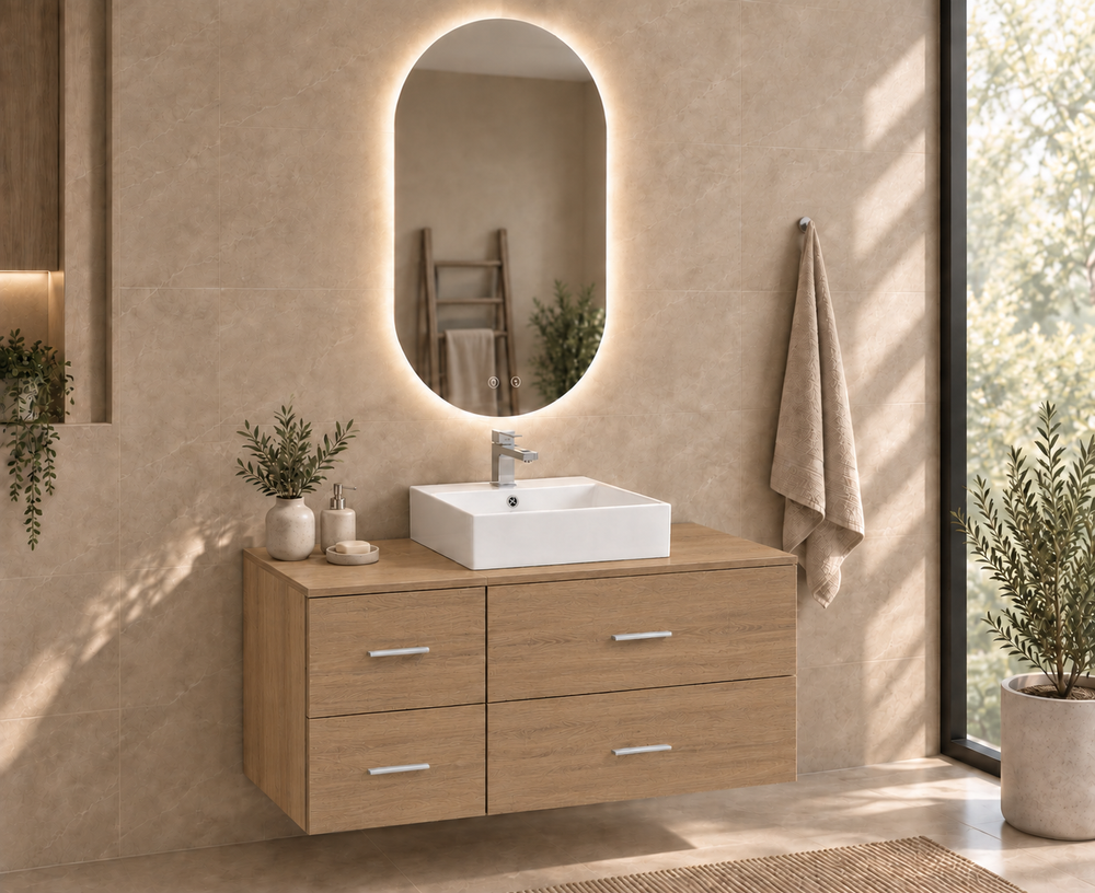 Mueble de baño PAROS con encimera y lavabo Libra sobreencimera · Estepa