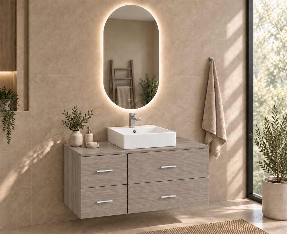 Mueble de baño PAROS con encimera y lavabo Libra sobreencimera · Roble Smoky